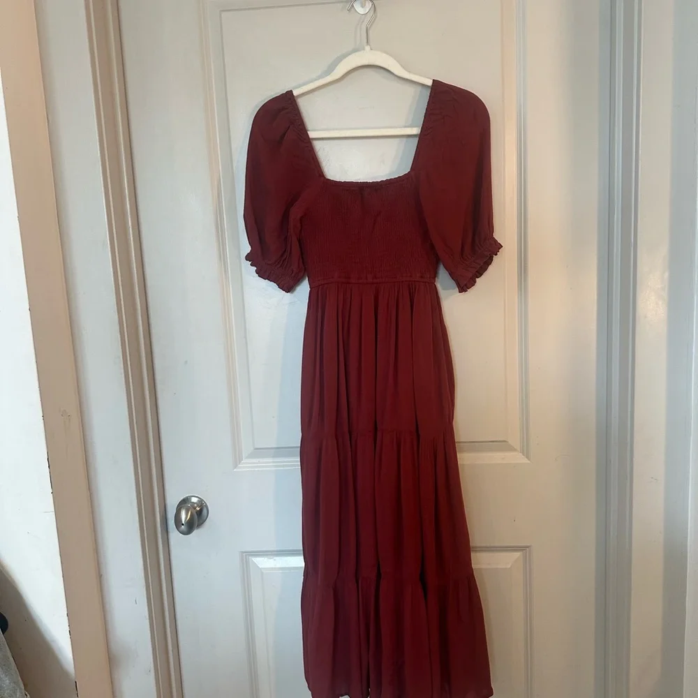 Abercrombie&Fitch Smock Front Puff Sleeve Tiered RuffleHem Burgundy Maxi Dress,S